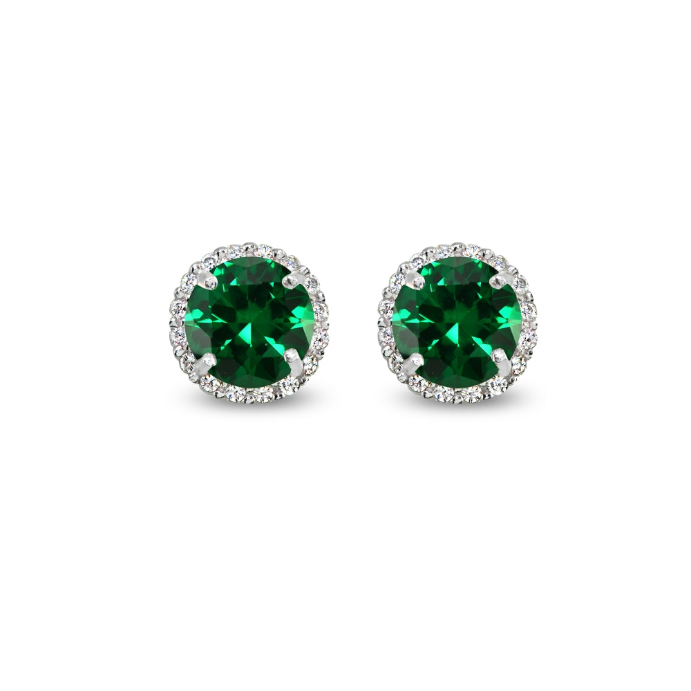 Sterling Silver Simulated Emerald & Cubic Zirconia 6mm Round-cut Halo Stud Earrings-2