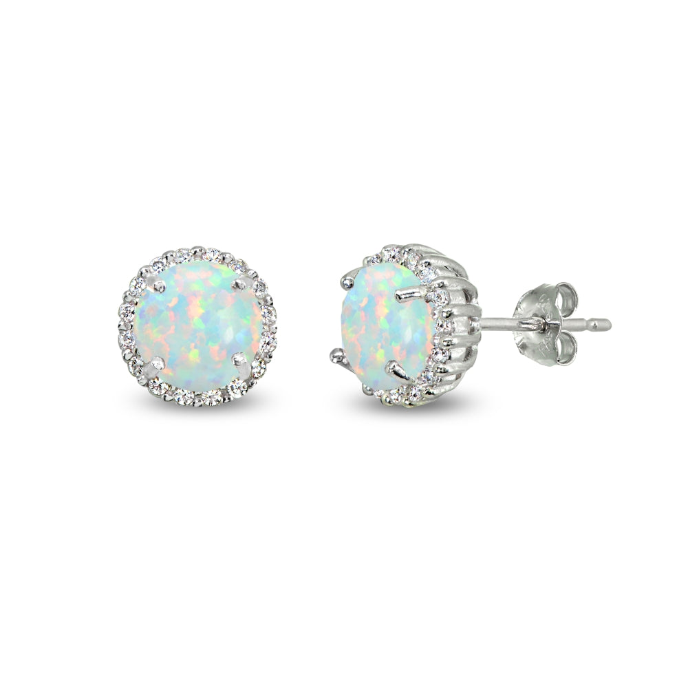 Sterling Silver Created White Opal & Cubic Zirconia 6mm Round-cut Halo Stud Earrings