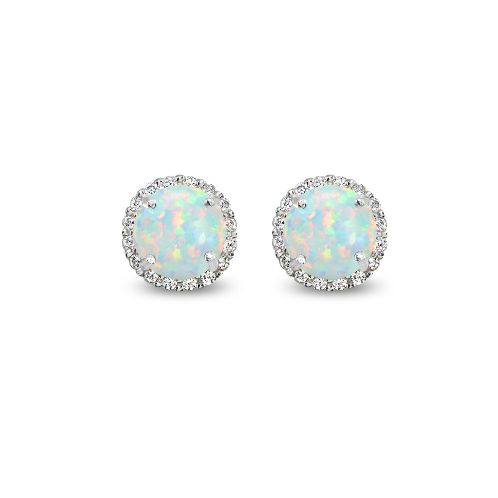 Sterling Silver Created White Opal & Cubic Zirconia 6mm Round-cut Halo Stud Earrings-2