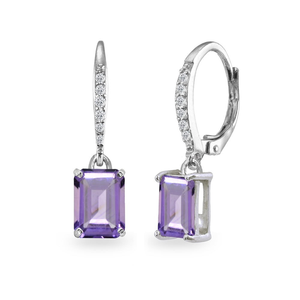Sterling Silver Amethyst & Cubic Zirconia 8x6mm Octagon-cut Polished Dangle Leverback Earrings