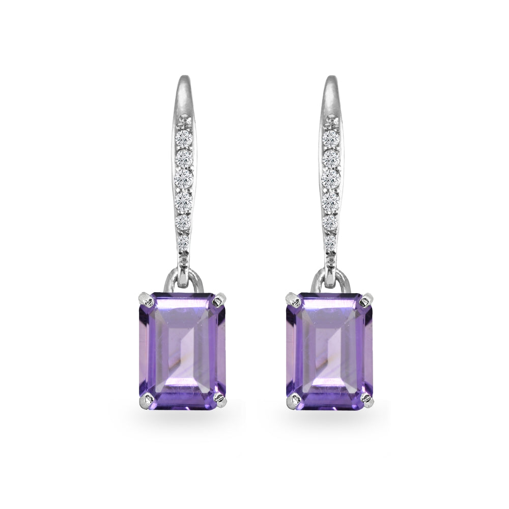 Sterling Silver Amethyst & Cubic Zirconia 8x6mm Octagon-cut Polished Dangle Leverback Earrings-2
