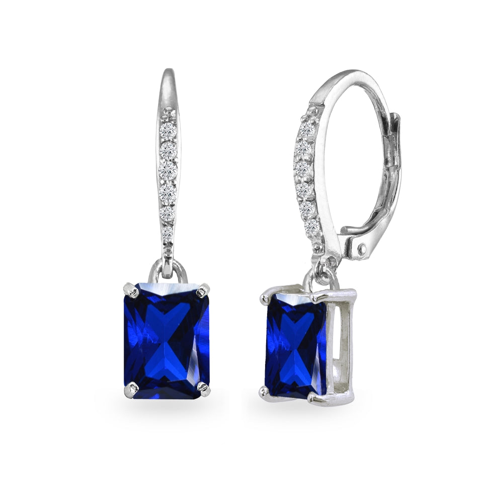 Sterling Silver Created Blue Sapphire & Cubic Zirconia 8x6mm Octagon-cut Polished Dangle Leverback Earrings