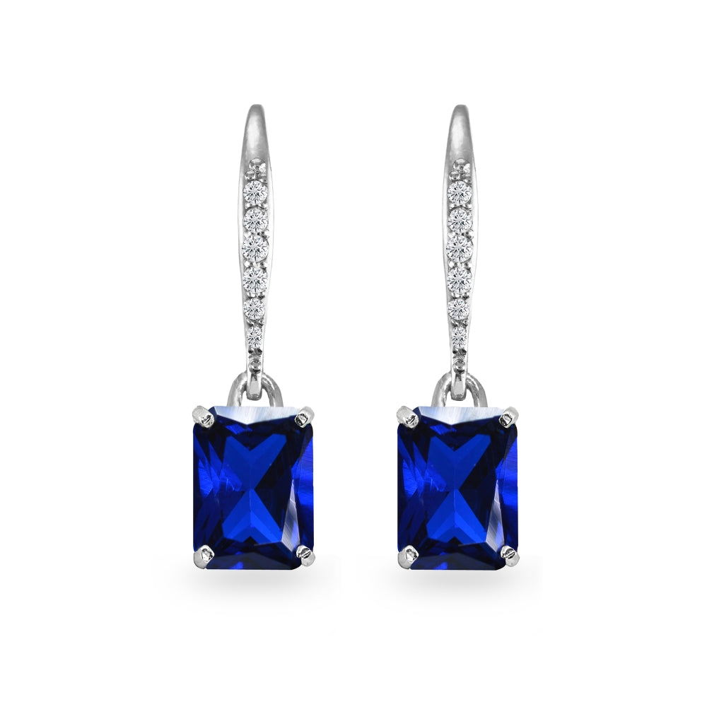 Sterling Silver Created Blue Sapphire & Cubic Zirconia 8x6mm Octagon-cut Polished Dangle Leverback Earrings-2