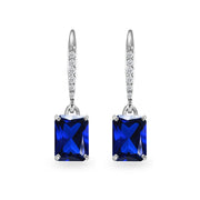 Sterling Silver Created Blue Sapphire & Cubic Zirconia 8x6mm Octagon-cut Polished Dangle Leverback Earrings