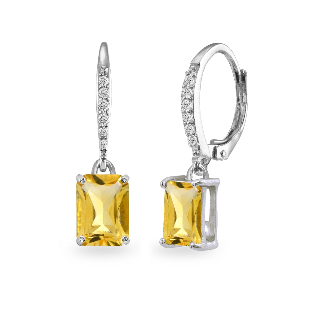 Sterling Silver Citrine & Cubic Zirconia 8x6mm Octagon-cut Polished Dangle Leverback Earrings