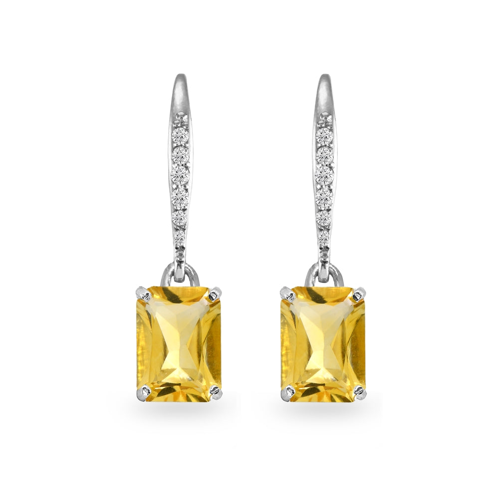 Sterling Silver Citrine & Cubic Zirconia 8x6mm Octagon-cut Polished Dangle Leverback Earrings-2