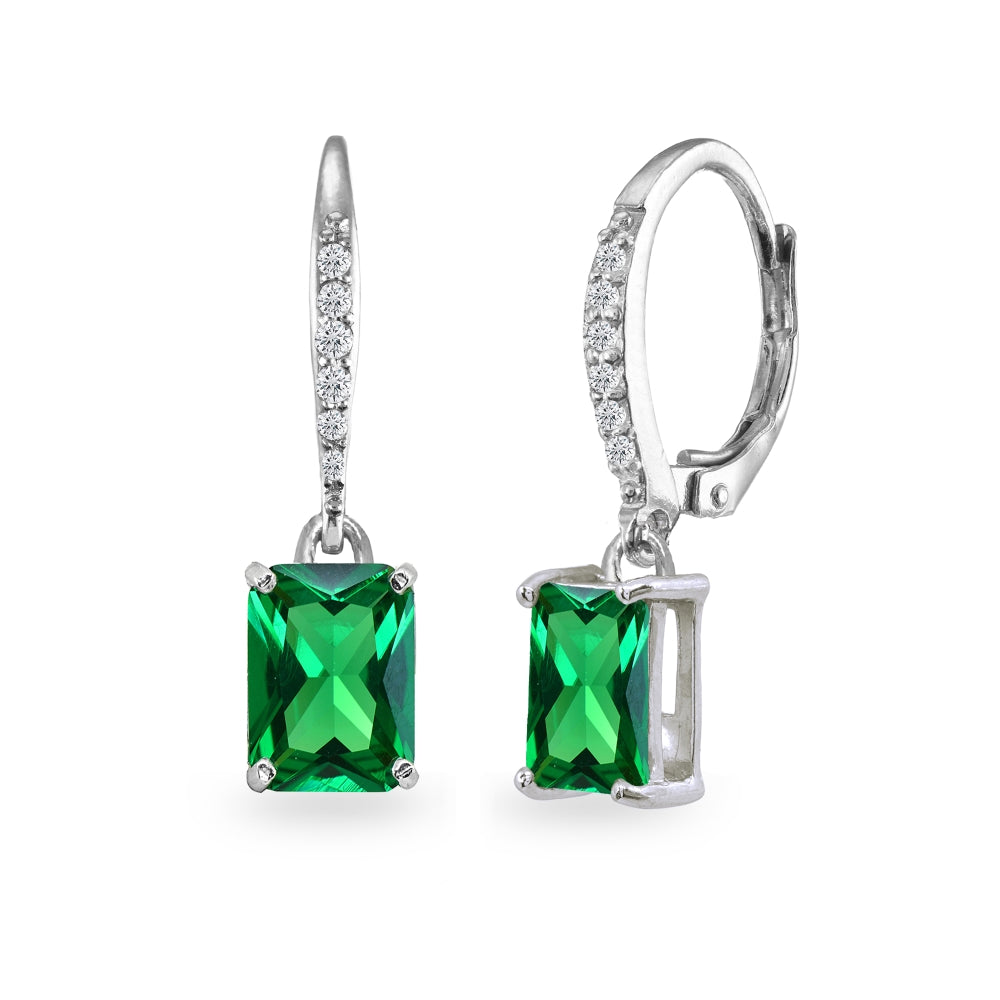 Sterling Silver Created Emerald & Cubic Zirconia 8x6mm Octagon-cut Polished Dangle Leverback Earrings