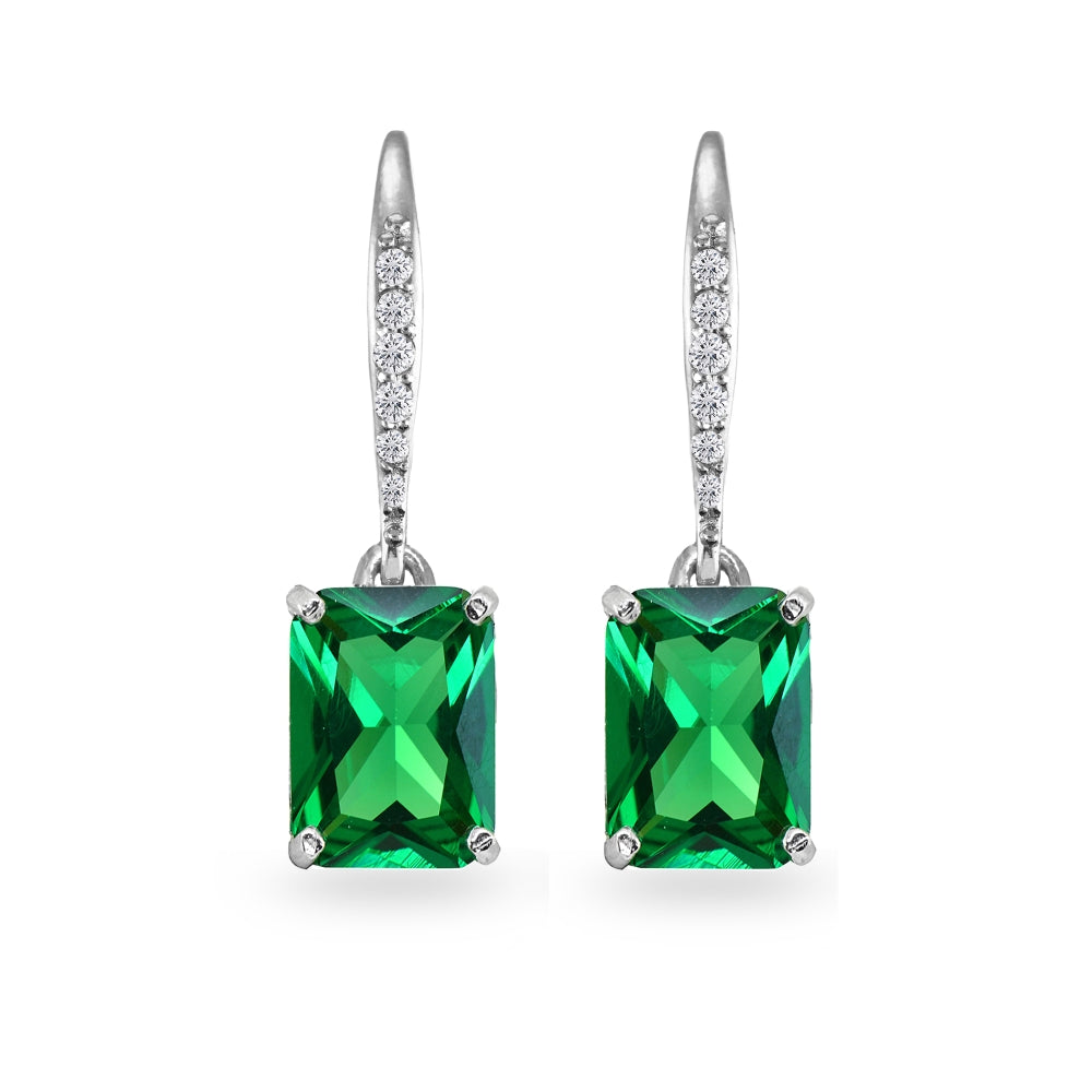 Sterling Silver Created Emerald & Cubic Zirconia 8x6mm Octagon-cut Polished Dangle Leverback Earrings-2