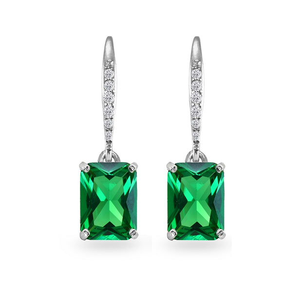 Sterling Silver Created Emerald & Cubic Zirconia 8x6mm Octagon-cut Polished Dangle Leverback Earrings