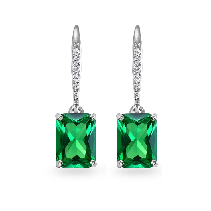 Sterling Silver Created Emerald & Cubic Zirconia 8x6mm Octagon-cut Polished Dangle Leverback Earrings