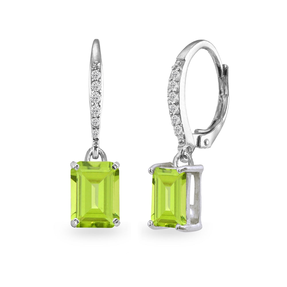 Sterling Silver Peridot & Cubic Zirconia 8x6mm Octagon-cut Polished Dangle Leverback Earrings