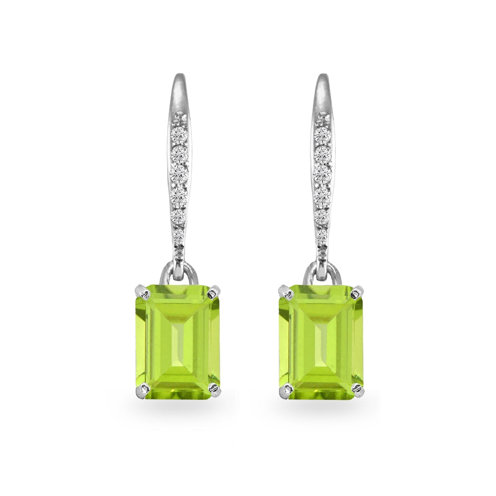 Sterling Silver Peridot & Cubic Zirconia 8x6mm Octagon-cut Polished Dangle Leverback Earrings-2