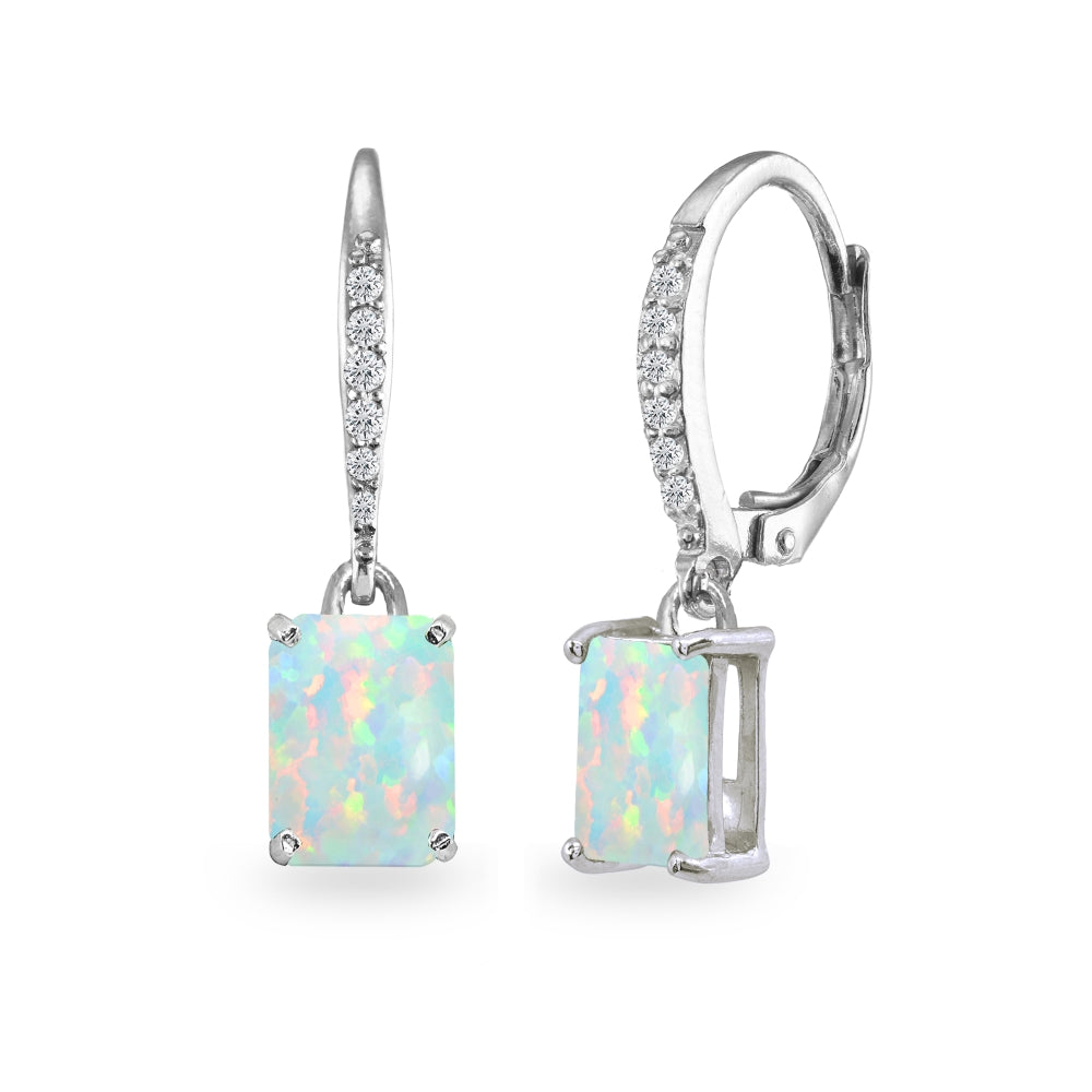 Sterling Silver Created White Opal & Cubic Zirconia 8x6mm Octagon-cut Polished Dangle Leverback Earrings