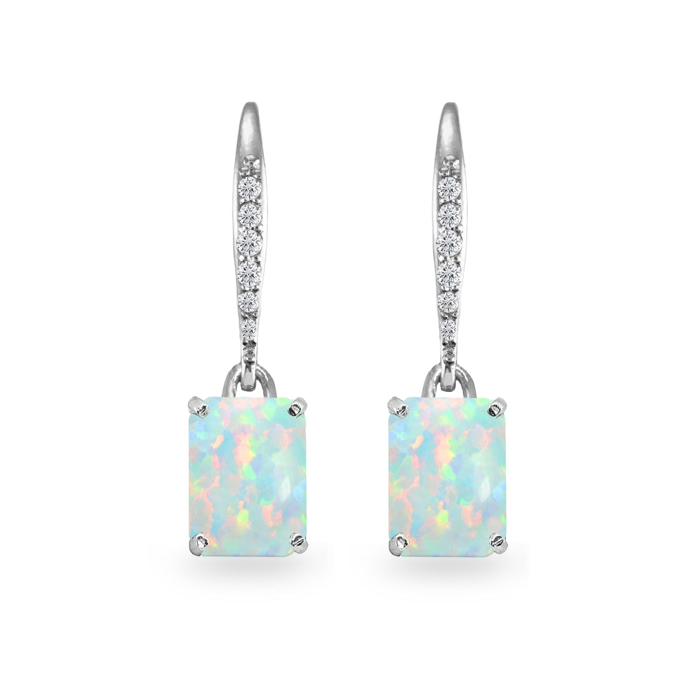 Sterling Silver Created White Opal & Cubic Zirconia 8x6mm Octagon-cut Polished Dangle Leverback Earrings-2