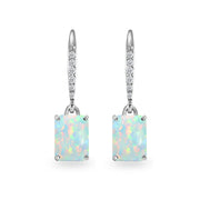Sterling Silver Created White Opal & Cubic Zirconia 8x6mm Octagon-cut Polished Dangle Leverback Earrings