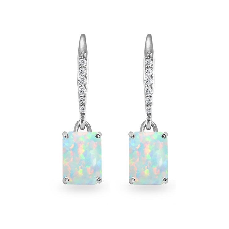Sterling Silver Created White Opal & Cubic Zirconia 8x6mm Octagon-cut Polished Dangle Leverback Earrings