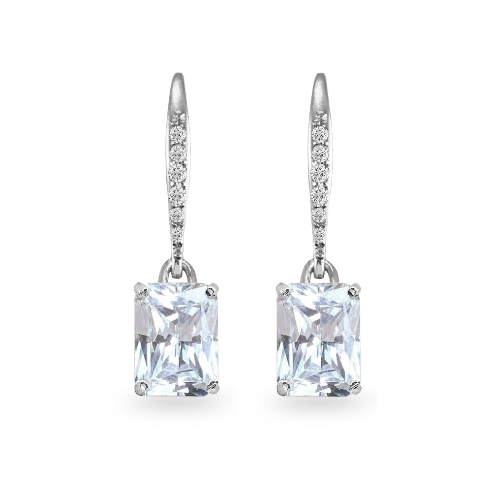 Sterling Silver Cubic Zirconia 8x6mm Octagon-cut Polished Dangle Leverback Earrings-2
