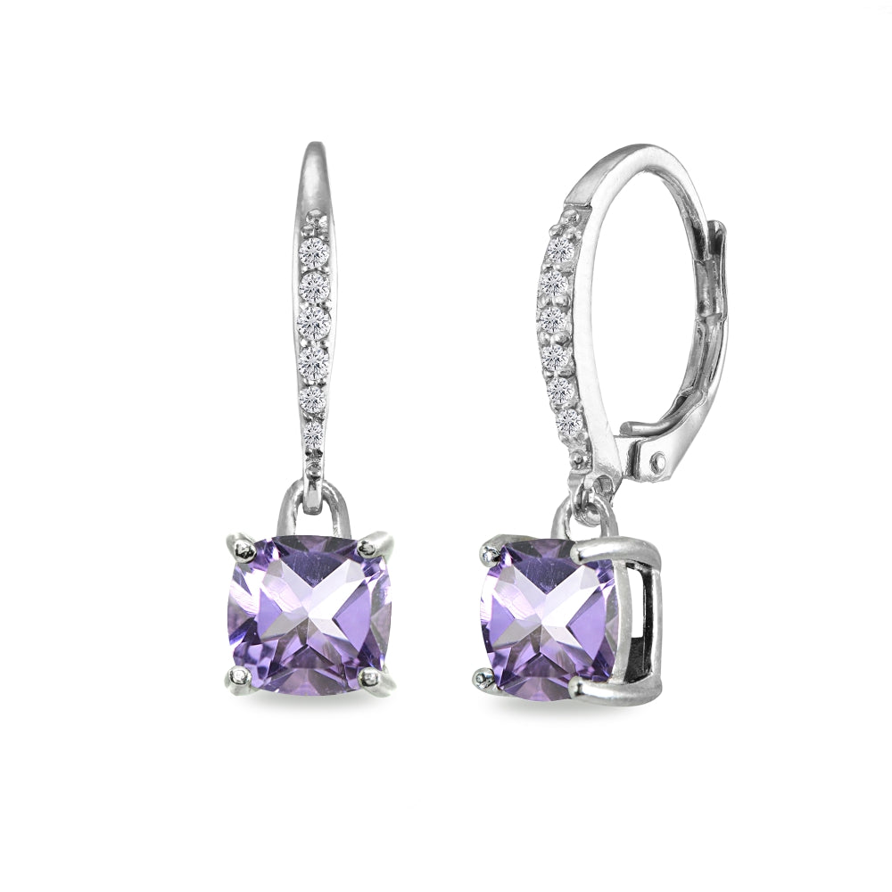 Sterling Silver Amethyst & Cubic Zirconia 7mm Cushion-Cut Solitaire Dangle Leverback Earrings