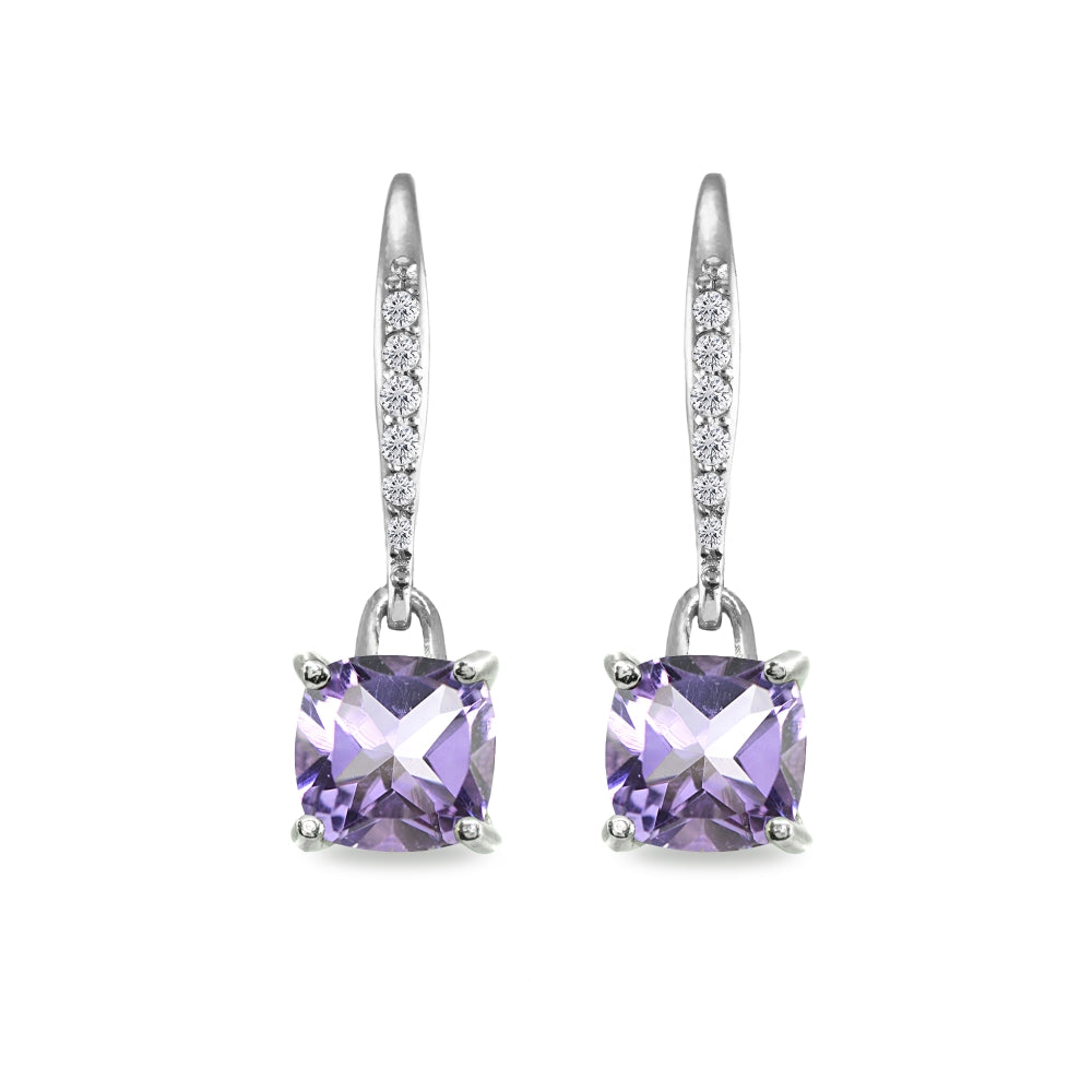 Sterling Silver Amethyst & Cubic Zirconia 7mm Cushion-Cut Solitaire Dangle Leverback Earrings-2