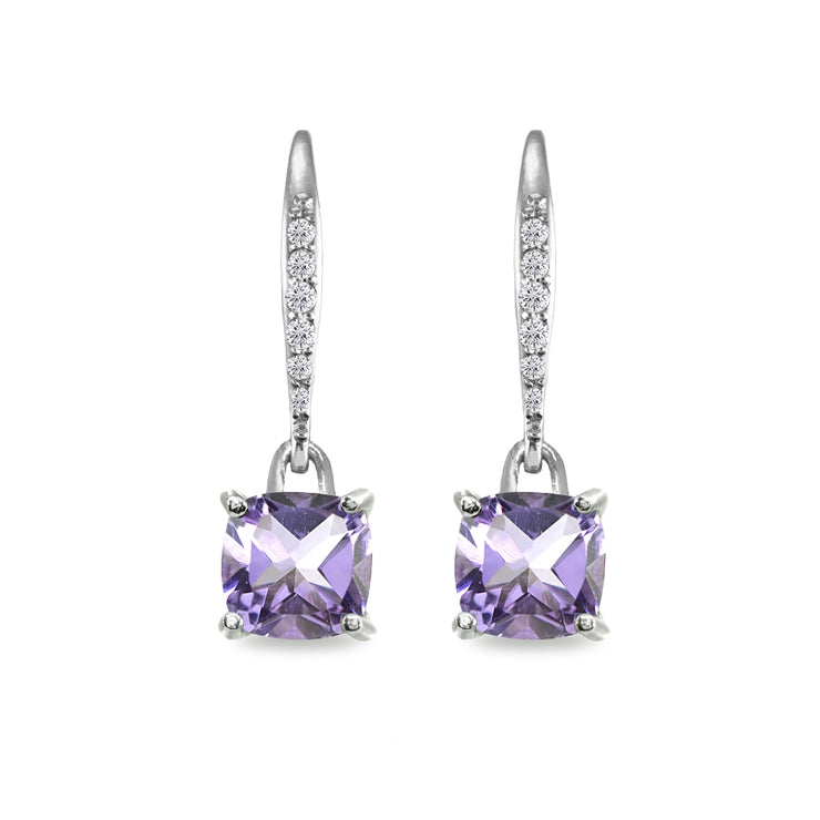 Sterling Silver Amethyst & Cubic Zirconia 7mm Cushion-Cut Solitaire Dangle Leverback Earrings