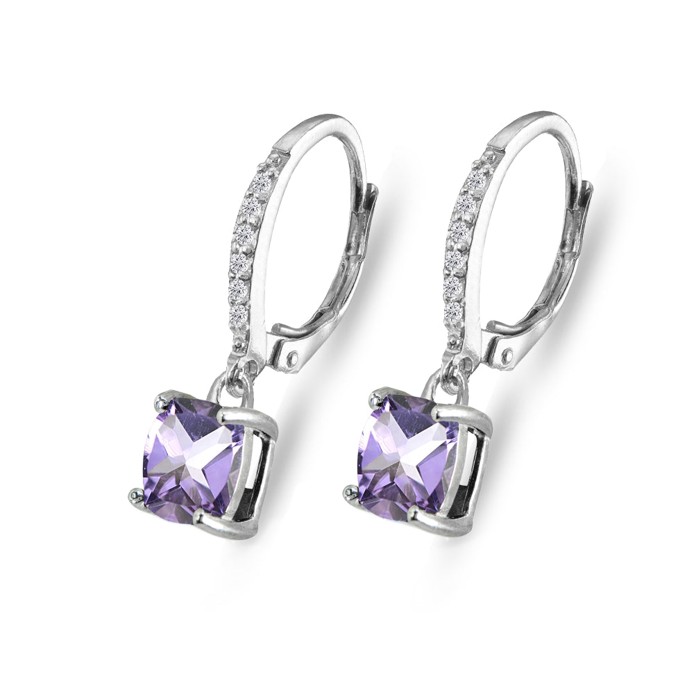 Sterling Silver Amethyst & Cubic Zirconia 7mm Cushion-Cut Solitaire Dangle Leverback Earrings-3