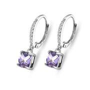 Sterling Silver Amethyst & Cubic Zirconia 7mm Cushion-Cut Solitaire Dangle Leverback Earrings