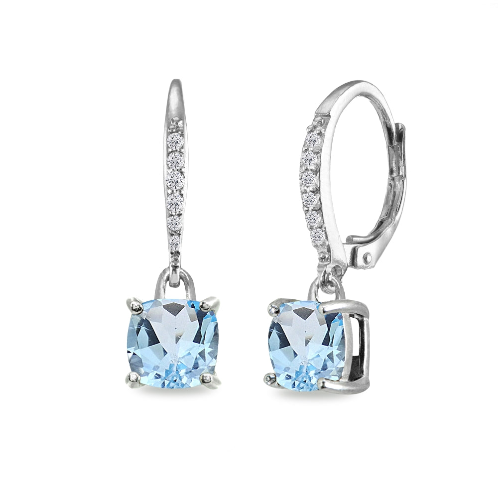Sterling Silver Blue Topaz & Cubic Zirconia 7mm Cushion-Cut Solitaire Dangle Leverback Earrings