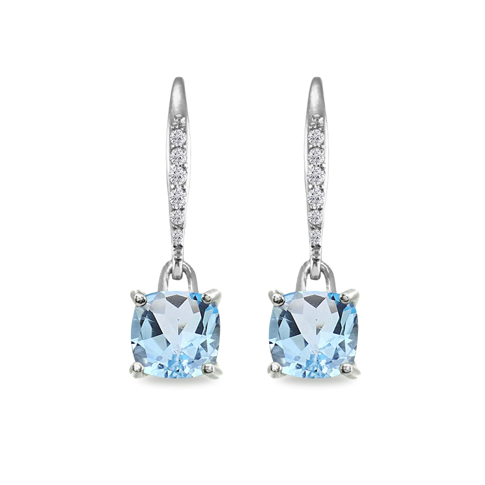 Sterling Silver Blue Topaz & Cubic Zirconia 7mm Cushion-Cut Solitaire Dangle Leverback Earrings-2