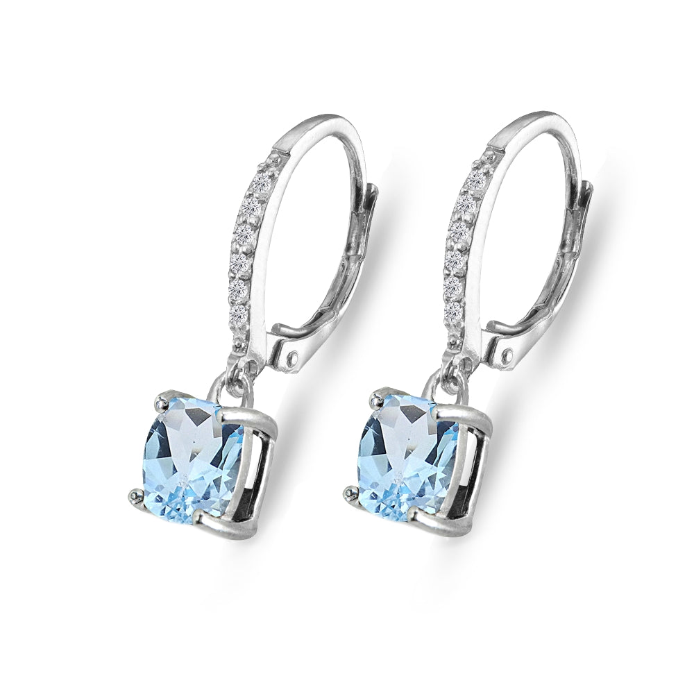 Sterling Silver Blue Topaz & Cubic Zirconia 7mm Cushion-Cut Solitaire Dangle Leverback Earrings-3