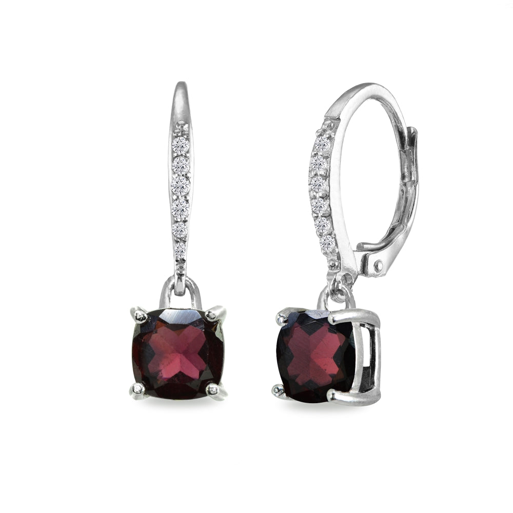 Sterling Silver Garnet & Cubic Zirconia 7mm Cushion-Cut Solitaire Dangle Leverback Earrings