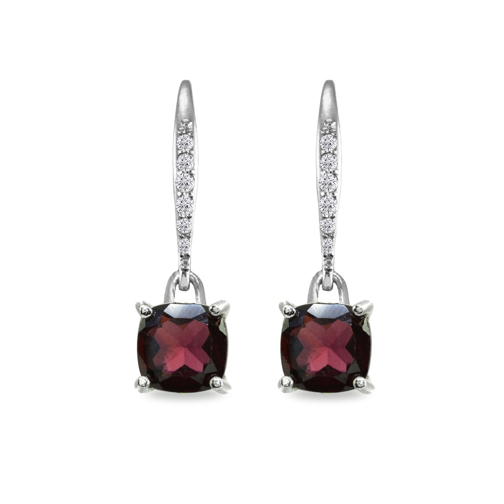 Sterling Silver Garnet & Cubic Zirconia 7mm Cushion-Cut Solitaire Dangle Leverback Earrings-2