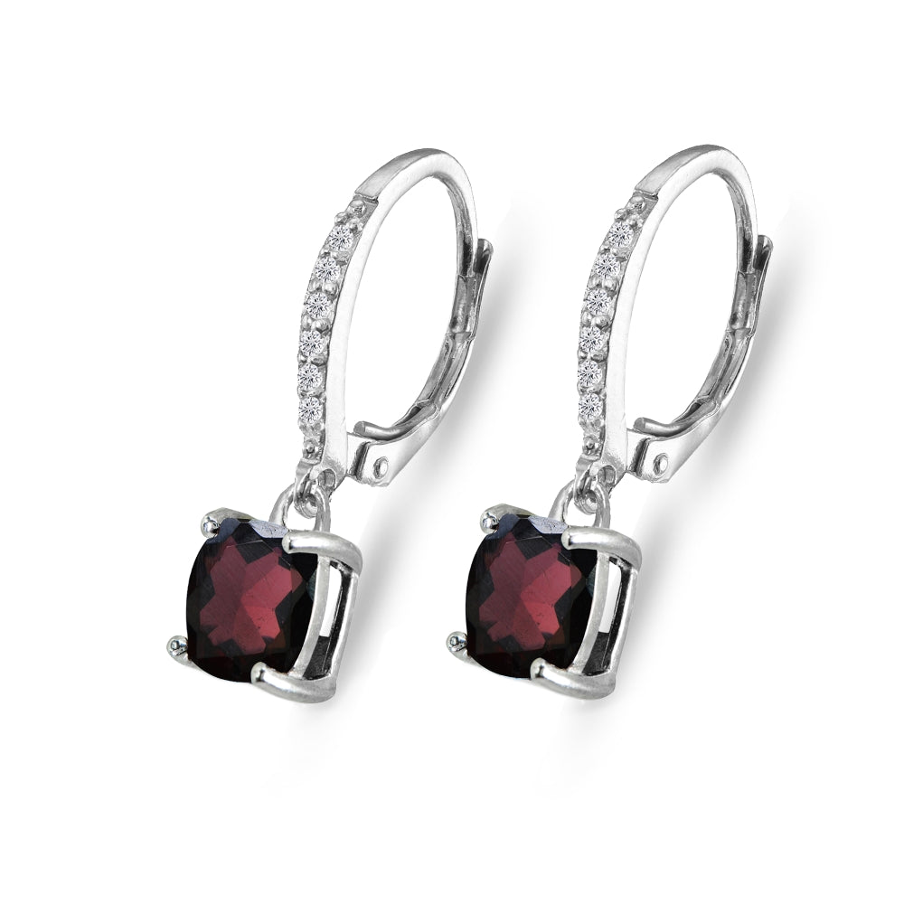 Sterling Silver Garnet & Cubic Zirconia 7mm Cushion-Cut Solitaire Dangle Leverback Earrings-3