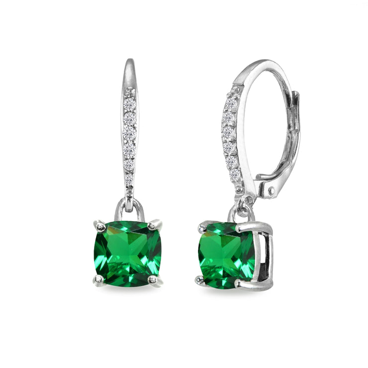 Sterling Silver Simulated Emerald & Cubic Zirconia 7mm Cushion-Cut Solitaire Dangle Leverback Earrings