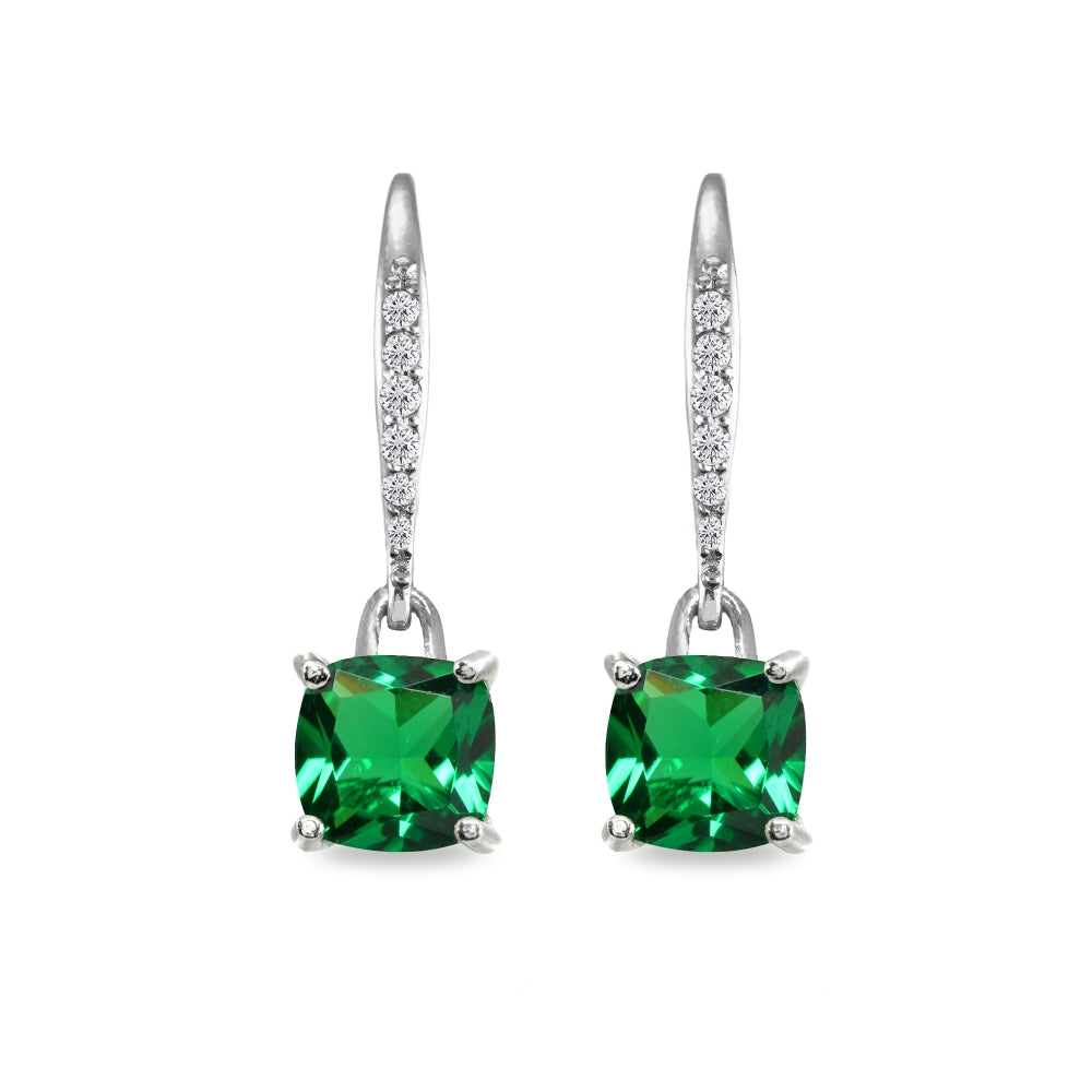 Sterling Silver Simulated Emerald & Cubic Zirconia 7mm Cushion-Cut Solitaire Dangle Leverback Earrings-2