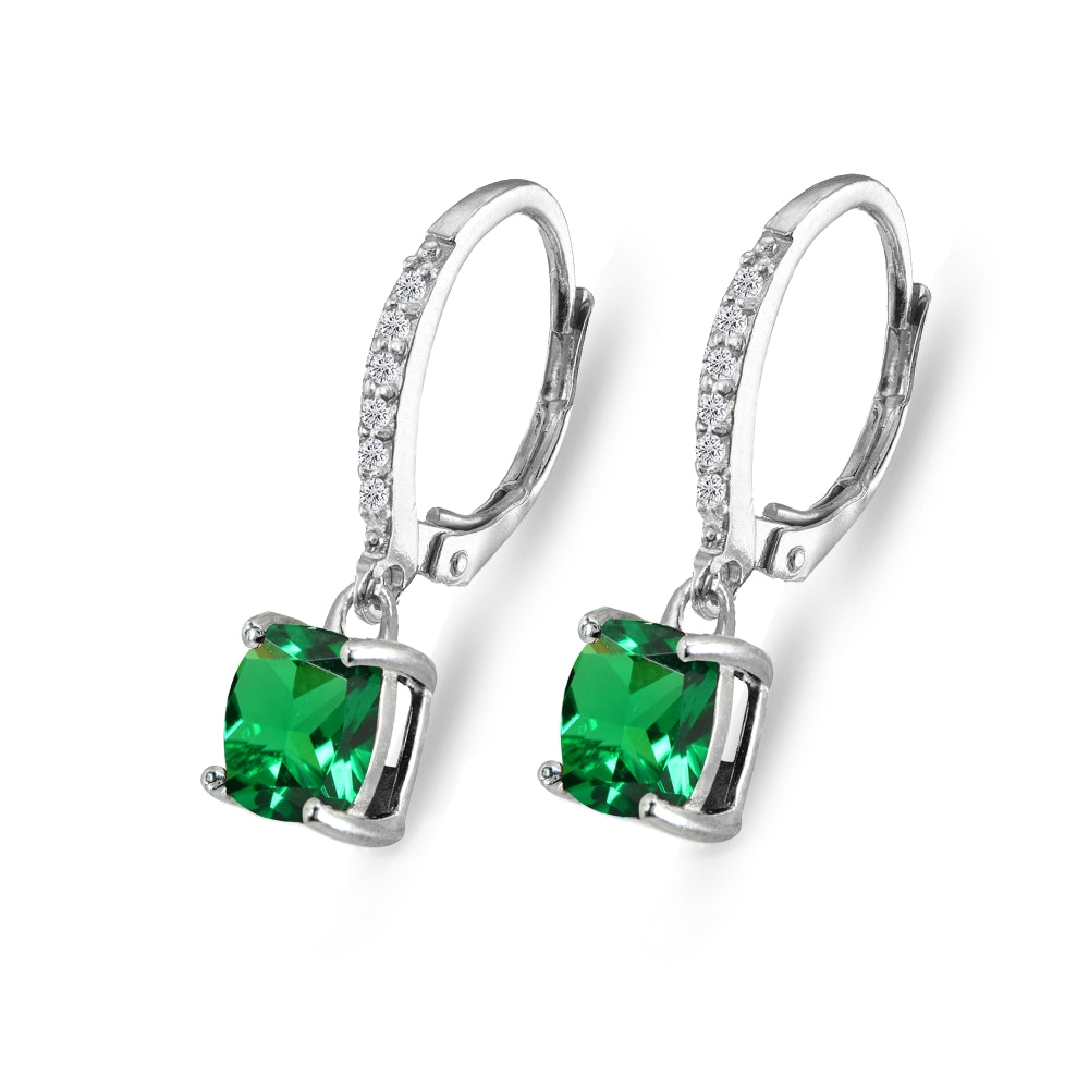 Sterling Silver Simulated Emerald & Cubic Zirconia 7mm Cushion-Cut Solitaire Dangle Leverback Earrings-3