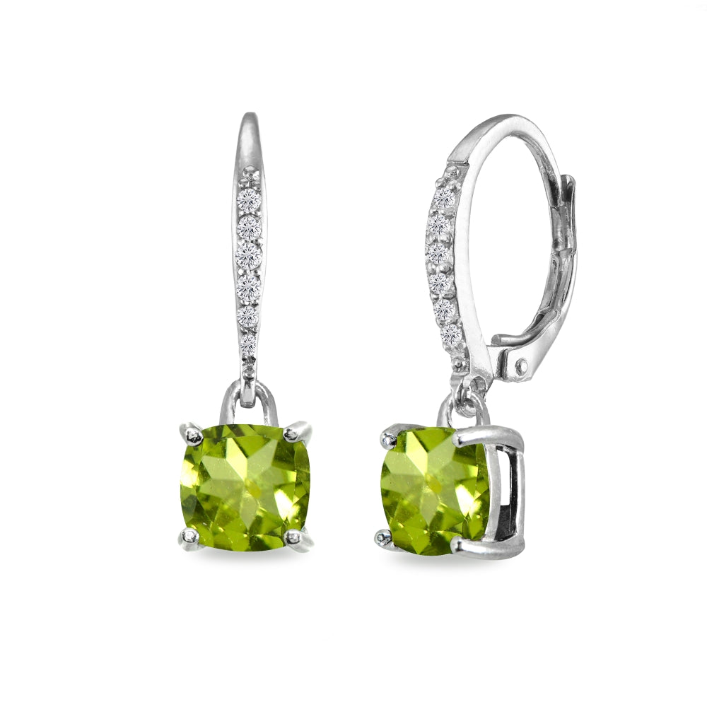 Sterling Silver Peridot & Cubic Zirconia 7mm Cushion-Cut Solitaire Dangle Leverback Earrings