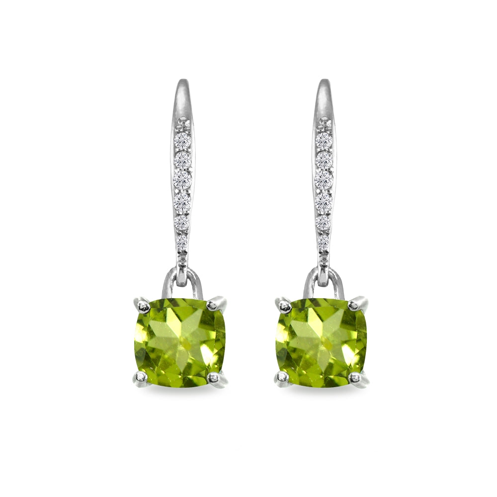 Sterling Silver Peridot & Cubic Zirconia 7mm Cushion-Cut Solitaire Dangle Leverback Earrings-2