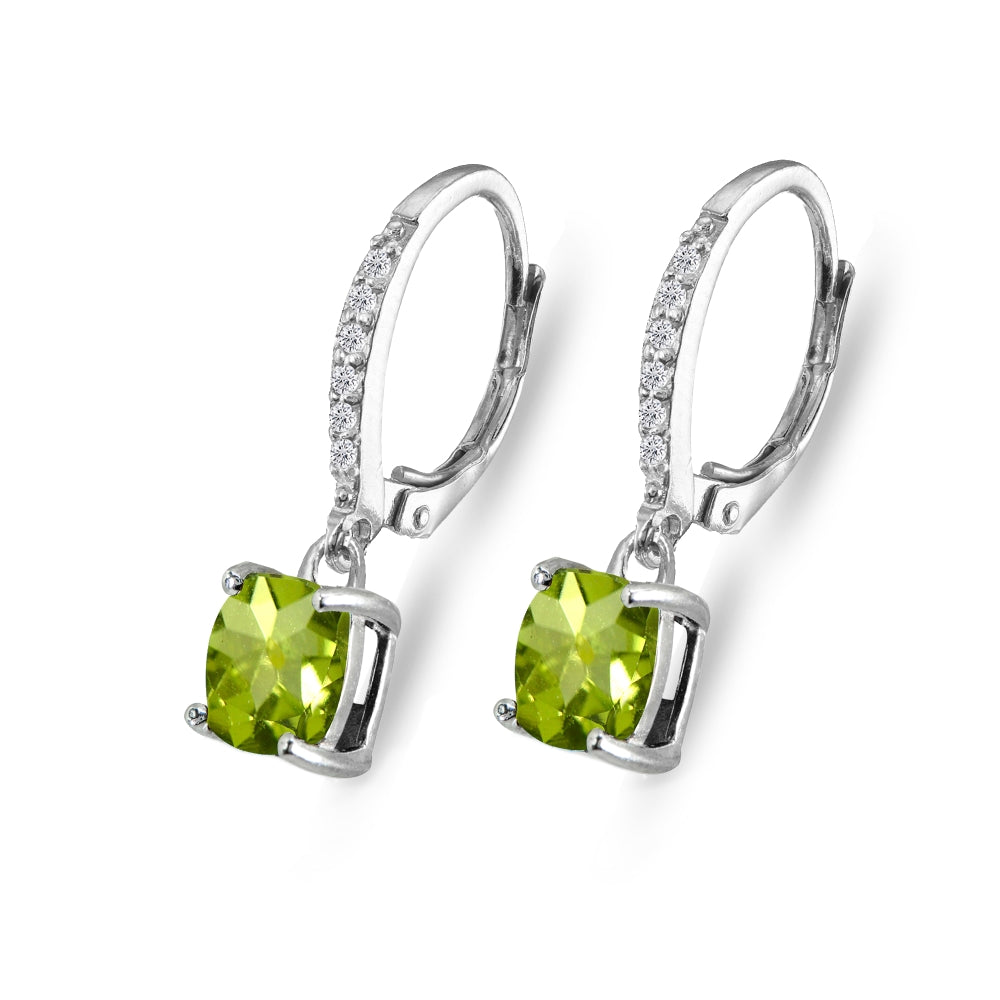 Sterling Silver Peridot & Cubic Zirconia 7mm Cushion-Cut Solitaire Dangle Leverback Earrings-3