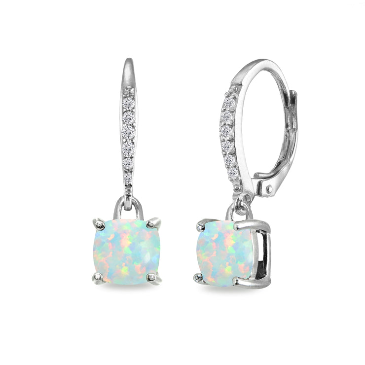 Sterling Silver Created White Opal & Cubic Zirconia 7mm Cushion-Cut Solitaire Dangle Leverback Earrings