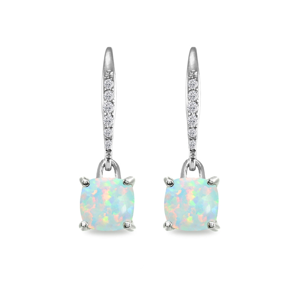 Sterling Silver Created White Opal & Cubic Zirconia 7mm Cushion-Cut Solitaire Dangle Leverback Earrings-2
