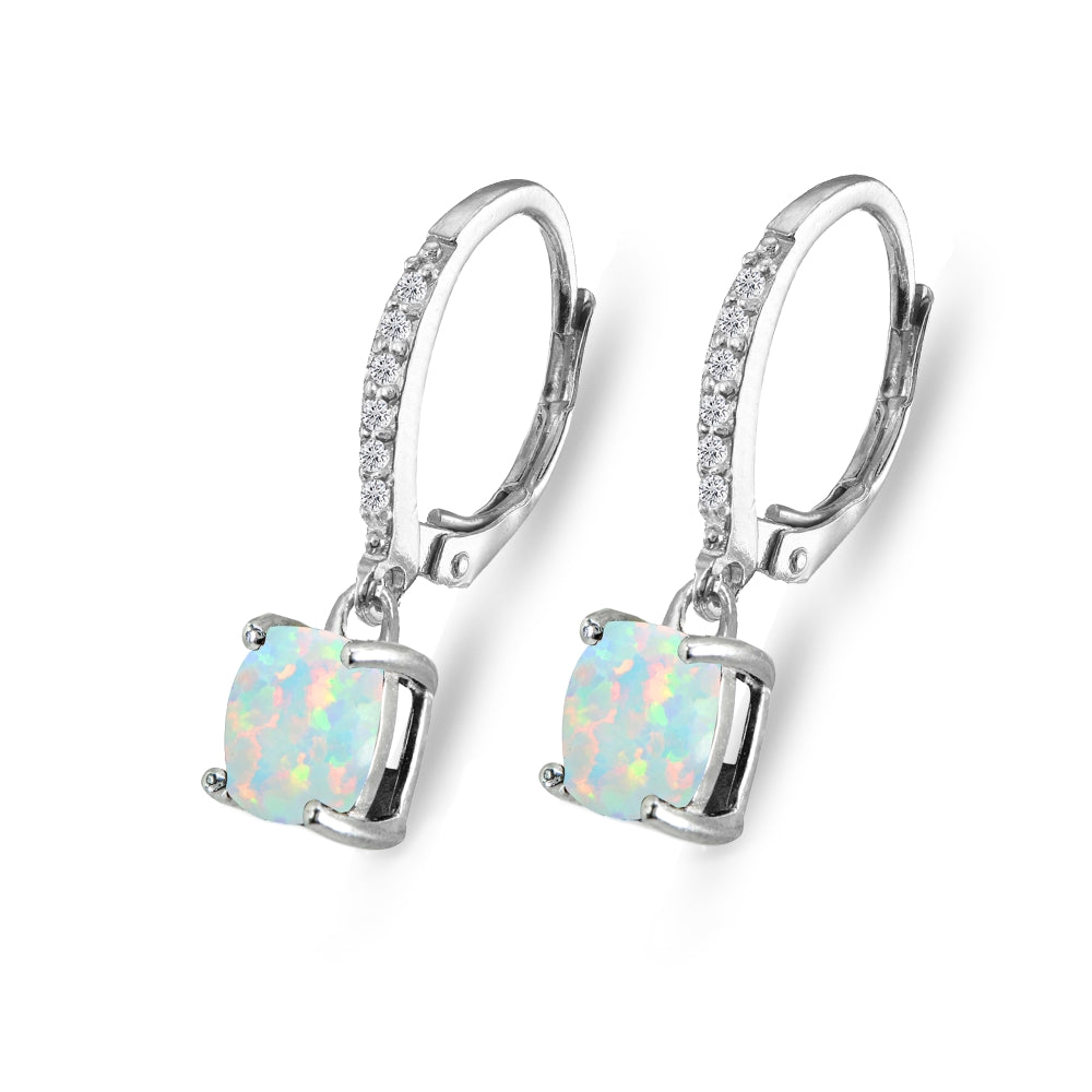 Sterling Silver Created White Opal & Cubic Zirconia 7mm Cushion-Cut Solitaire Dangle Leverback Earrings-3