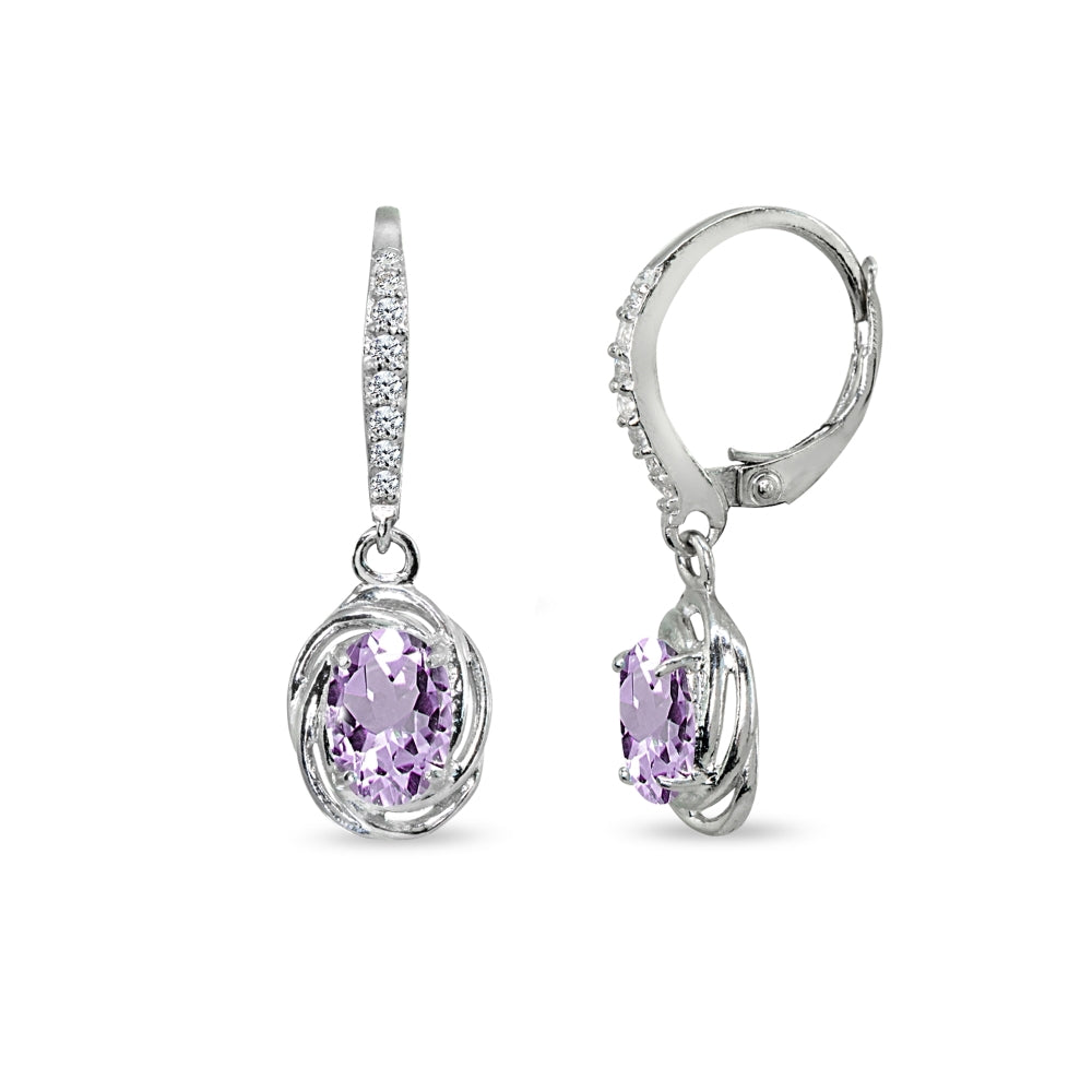 Sterling Silver Amethyst & Cubic Zirconia 7x5mm Oval Love Knot Leverback Earrings