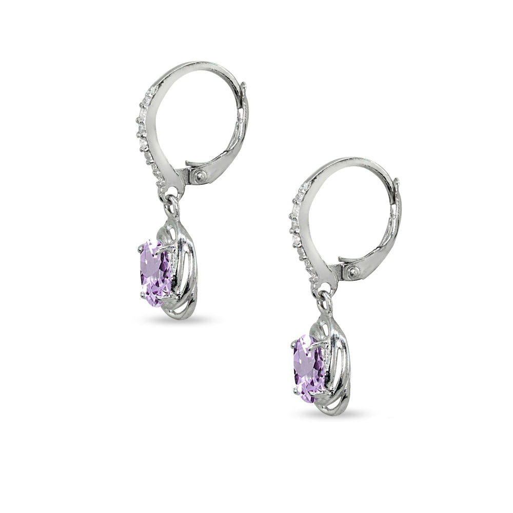 Sterling Silver Amethyst & Cubic Zirconia 7x5mm Oval Love Knot Leverback Earrings-2