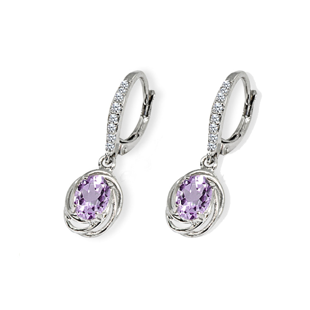 Sterling Silver Amethyst & Cubic Zirconia 7x5mm Oval Love Knot Leverback Earrings-3