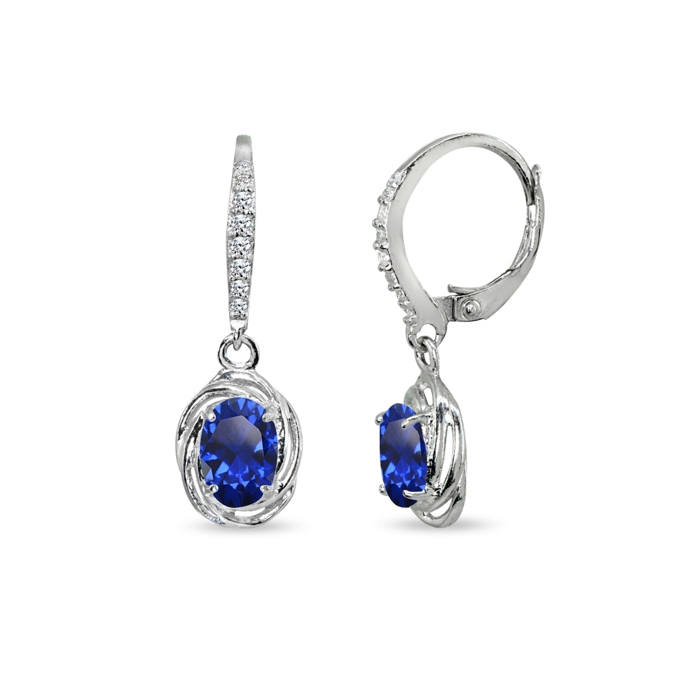 Sterling Silver Created Blue Sapphire & Cubic Zirconia 7x5mm Oval Love Knot Leverback Earrings