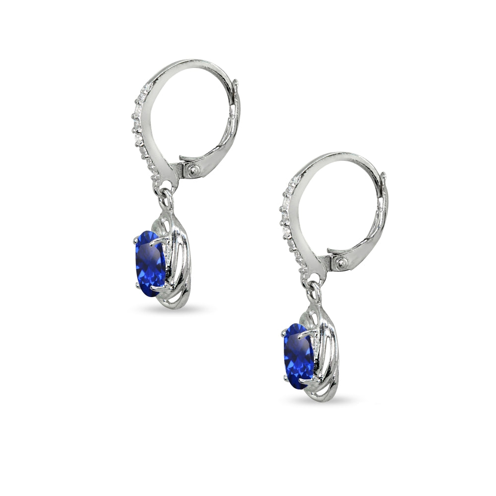 Sterling Silver Created Blue Sapphire & Cubic Zirconia 7x5mm Oval Love Knot Leverback Earrings-3