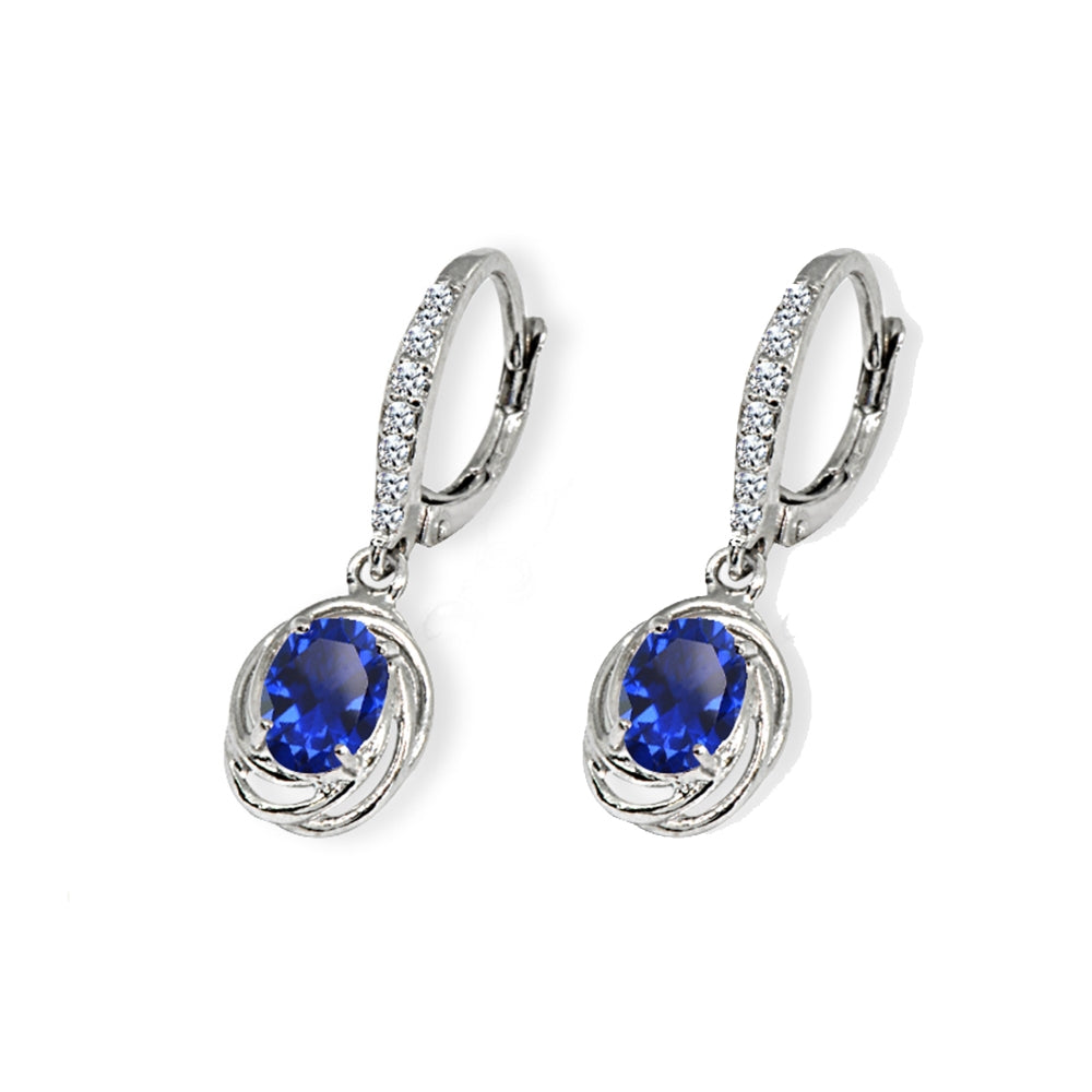 Sterling Silver Created Blue Sapphire & Cubic Zirconia 7x5mm Oval Love Knot Leverback Earrings-4