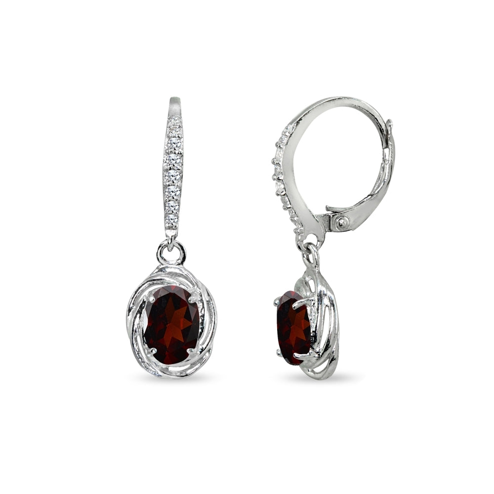 Sterling Silver Garnet & Cubic Zirconia 7x5mm Oval Love Knot Leverback Earrings
