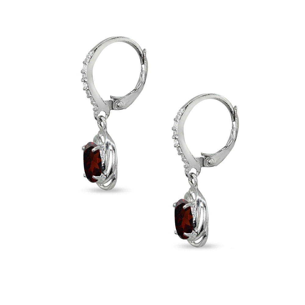 Sterling Silver Garnet & Cubic Zirconia 7x5mm Oval Love Knot Leverback Earrings-2