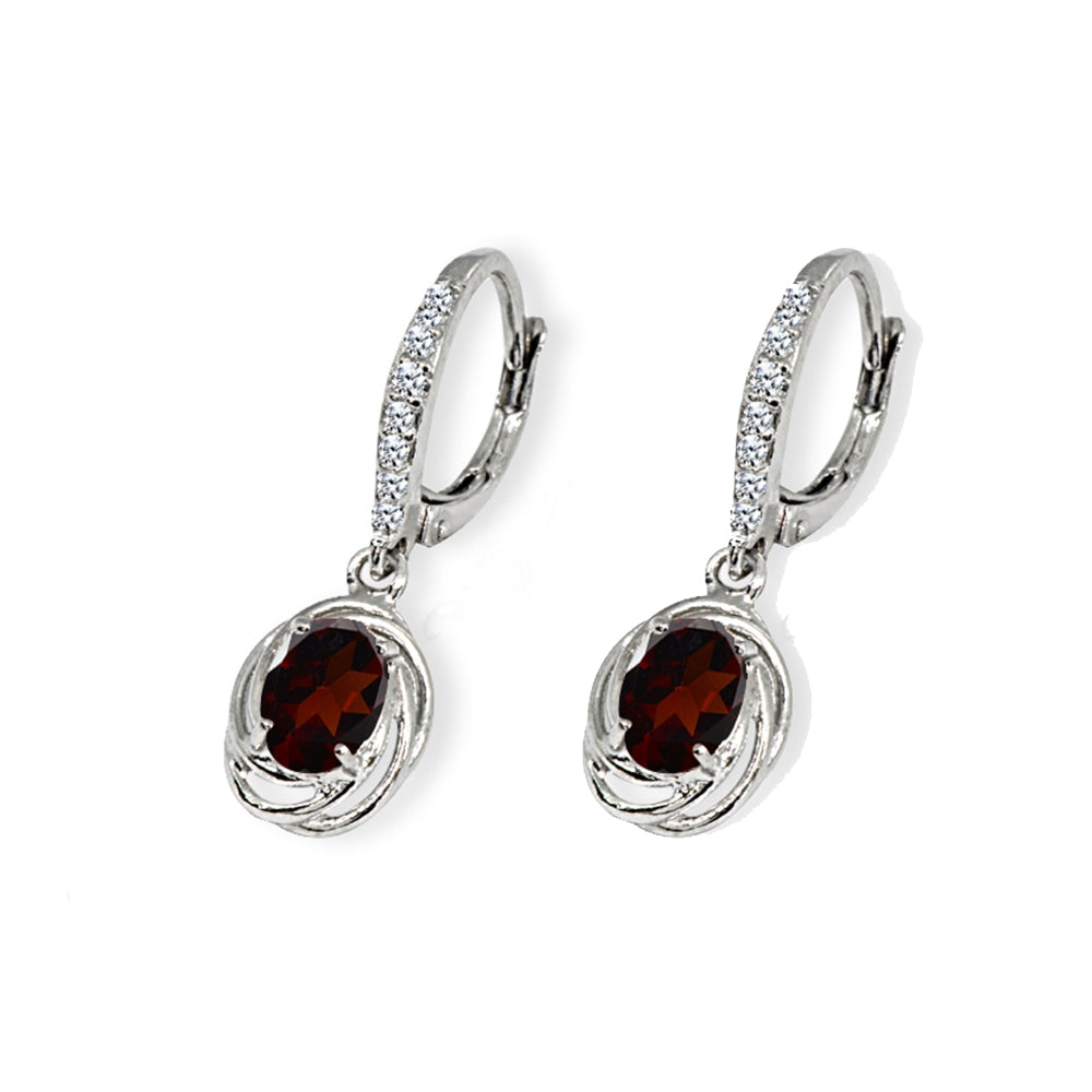 Sterling Silver Garnet & Cubic Zirconia 7x5mm Oval Love Knot Leverback Earrings-3